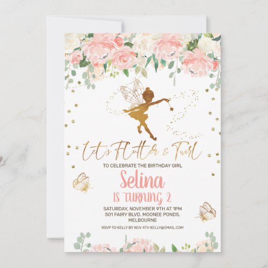 ピンクのフローラ妖精バタフライ誕生日招待状 招待状 (正面)