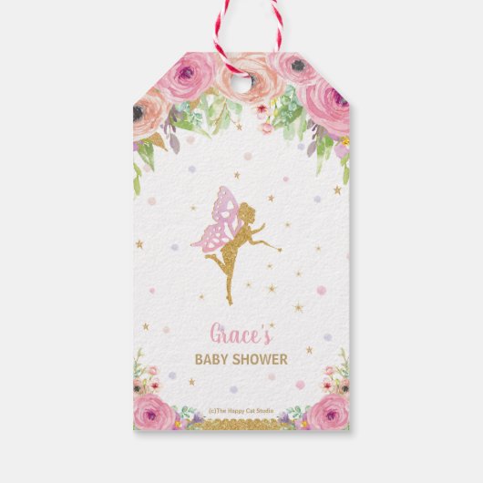 ピンクのフローラ妖精金ゴールド赤ちゃんシャワーありがとう ギフトタグ (裏面)