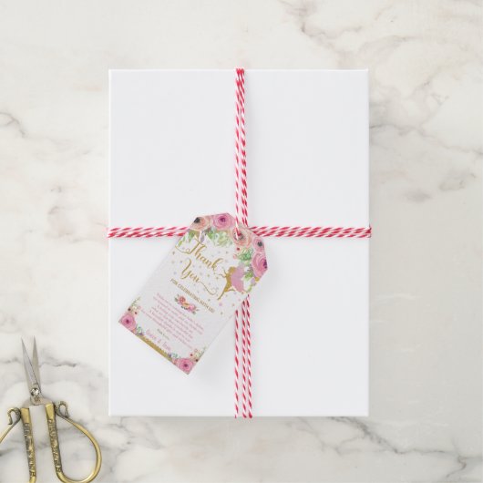 ピンクのフローラ妖精金ゴールド赤ちゃんシャワーありがとう ギフトタグ (より糸付き)