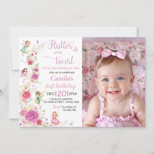 ピンクのフローラ妖精1stバースデーフォト招待状 サンキューカード (正面)