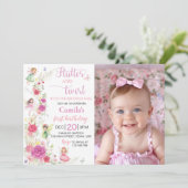 ピンクのフローラ妖精1stバースデーフォト招待状 サンキューカード (スタンド正面)