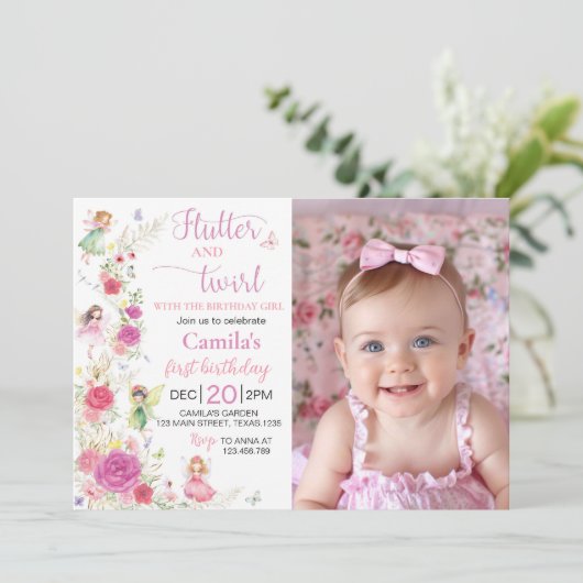 ピンクのフローラ妖精1stバースデーフォト招待状 サンキューカード (スタンド正面)