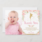 ピンクのフローラ妖精1st誕生日パーティーありがとう 招待状 (正面)
