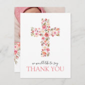 ピンクのフローラ宗教的クロスフォト サンキューカード (正面/裏面)