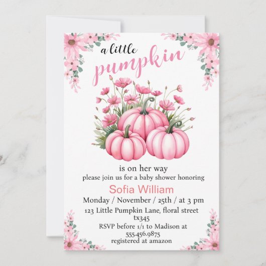 ピンクのフローラ小さなかぼちゃの女の子シャワー 招待状 (正面)