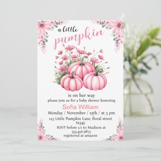 ピンクのフローラ小さなかぼちゃの女の子シャワー 招待状 (スタンド正面)