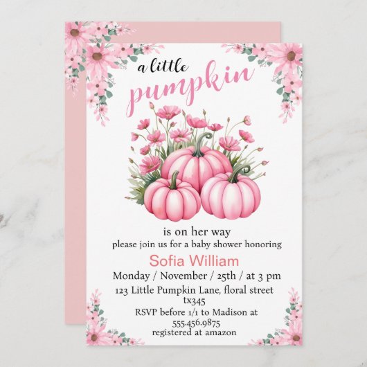 ピンクのフローラ小さなかぼちゃの女の子シャワー 招待状 (正面/裏面)