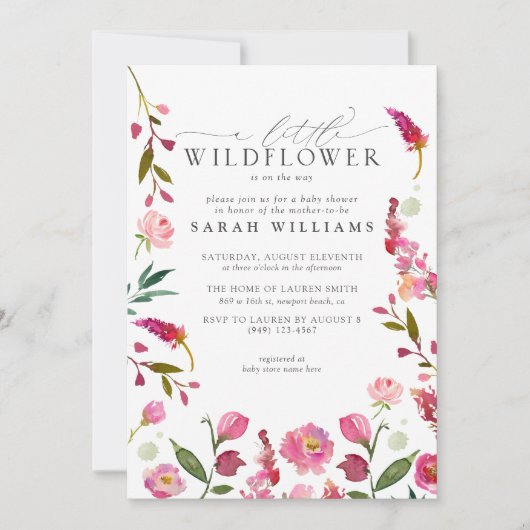 ピンクのフローラ小さなワイルドフラワーの水の色シャワー 招待状 (正面)