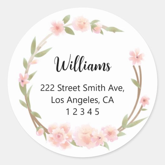 ピンクのフローラ差出人住所ラベル ラウンドシール (正面)