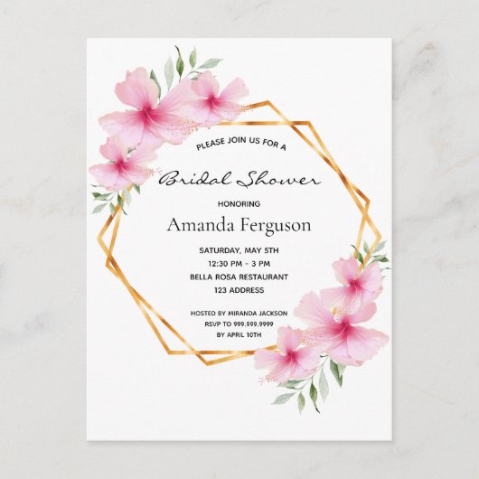 ピンクのフローラ幾何学的ブライダルシャワー招待 ポストカード (正面)