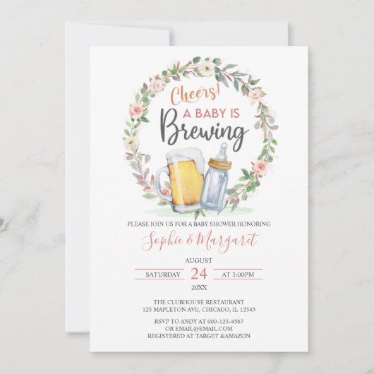 ピンクのフローラ応援Aベビーは赤ちゃんシャワーを醸造している 招待状 (正面)