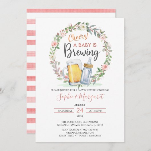 ピンクのフローラ応援Aベビーは赤ちゃんシャワーを醸造している 招待状 (正面/裏面)