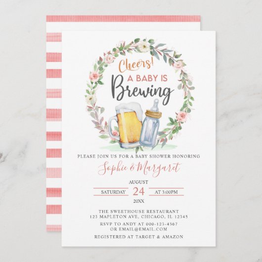 ピンクのフローラ応援Aベビーは赤ちゃんシャワーを醸造している 招待状 (正面/裏面)