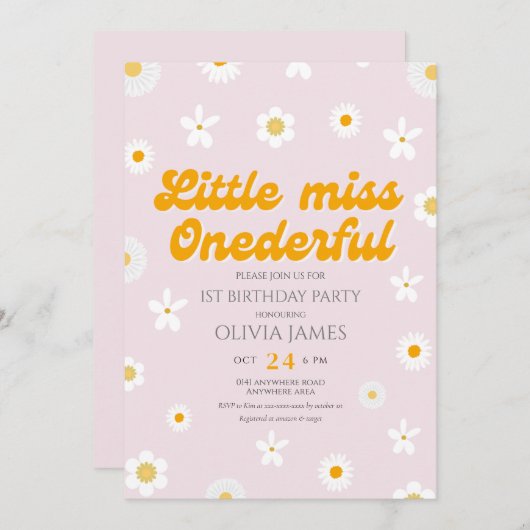 ピンクのフローラ恋しく思少しonederful最初の誕生日 招待状 (正面/裏面)