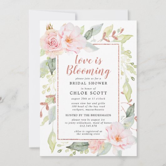 ピンクのフローラ愛が咲いているブライダルシャワー 招待状 (正面)