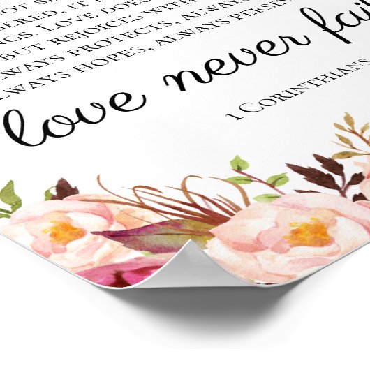 ピンクのフローラ愛は決して失敗しない1コリント徴候 ポスター (角)