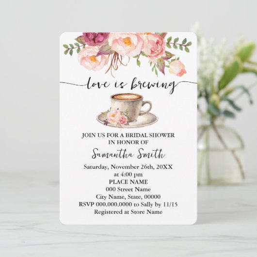 ピンクのフローラ愛は醸造ブライダルシャワーコーヒー 招待状 (スタンド正面)