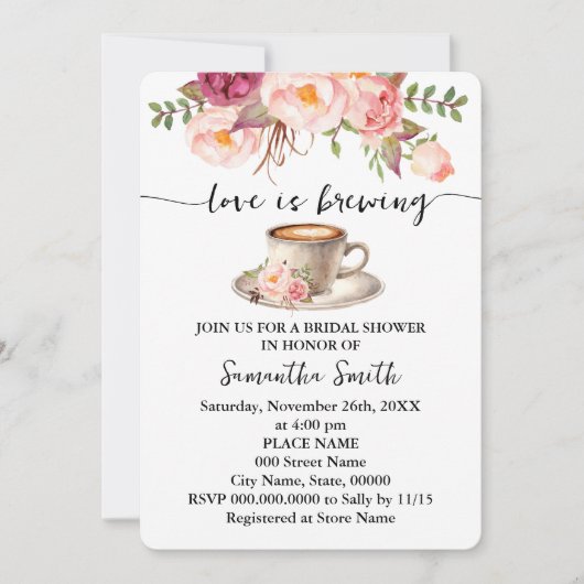 ピンクのフローラ愛は醸造ブライダルシャワーコーヒー 招待状 (正面)