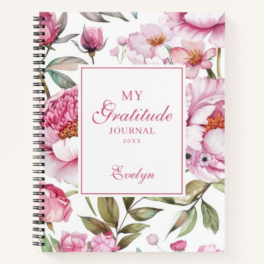 ピンクのフローラ感謝ジャーナル ノートブック (正面)