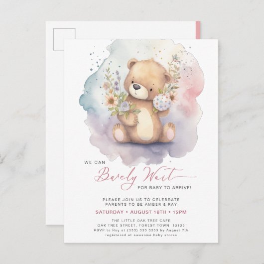 ピンクのフローラ我々は心待ちできる女の子の赤ちゃんシャワー インビテーションポストカード (正面/裏面)