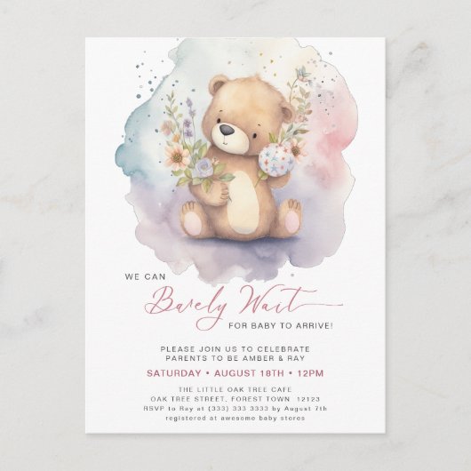 ピンクのフローラ我々は心待ちできる女の子の赤ちゃんシャワー インビテーションポストカード (正面)