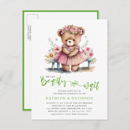 ピンクのフローラ我々は心待ちできる女の子の赤ちゃんシャワー インビテーションポストカード (正面/裏面)
