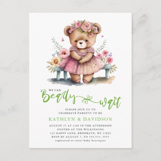 ピンクのフローラ我々は心待ちできる女の子の赤ちゃんシャワー インビテーションポストカード (正面)
