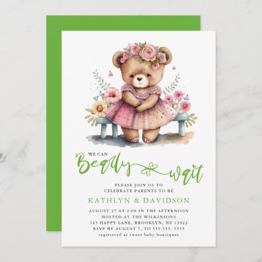 ピンクのフローラ我々は心待ちできる女の子の赤ちゃんシャワー 招待状 (正面/裏面)