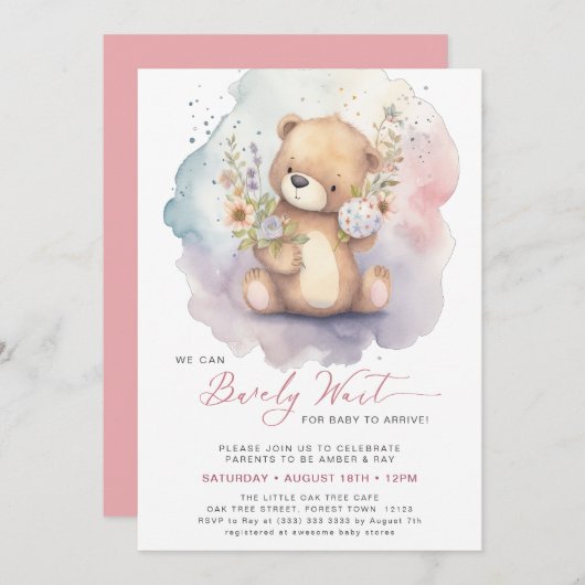 ピンクのフローラ我々は心待ちできる女の子の赤ちゃんシャワー 招待状 (正面/裏面)