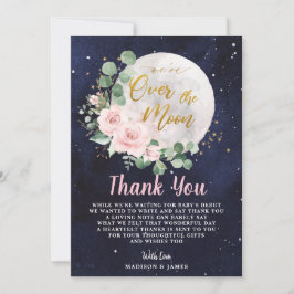 ピンクのフローラ我々は月の女の子の赤ちゃんシャワー上にある サンキューカード
