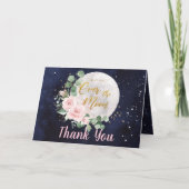 ピンクのフローラ我々は月の女の子の赤ちゃんシャワー上にある サンキューカード (正面)