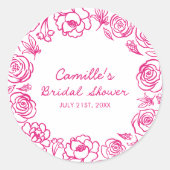 ピンクのフローラ手描き ラウンドシール (正面)