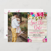 ピンクのフローラ手書き写真日付の保存 案内ポストカード (正面/裏面)