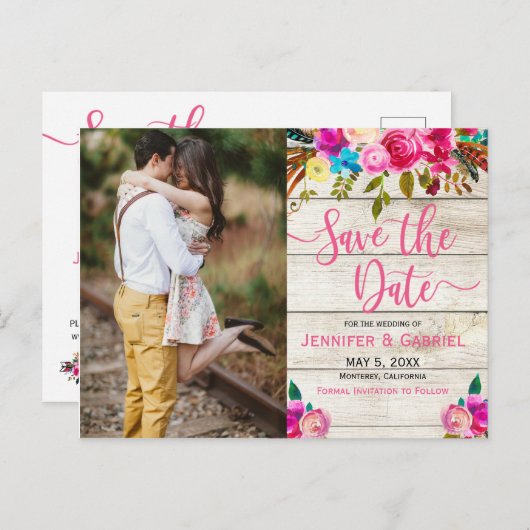 ピンクのフローラ手書き写真日付の保存 案内ポストカード (正面/裏面)