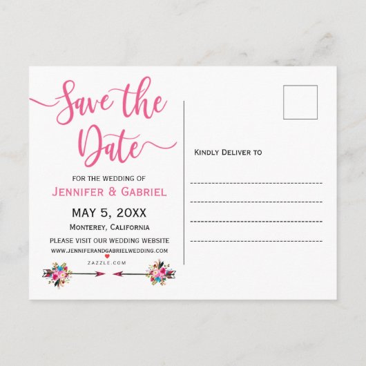 ピンクのフローラ手書き写真日付の保存 案内ポストカード (裏面)