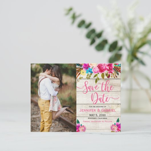 ピンクのフローラ手書き写真日付の保存 案内ポストカード (スタンド正面)