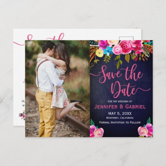 ピンクのフローラ手書き |青い写真の日付を保存 案内ポストカード (正面/裏面)