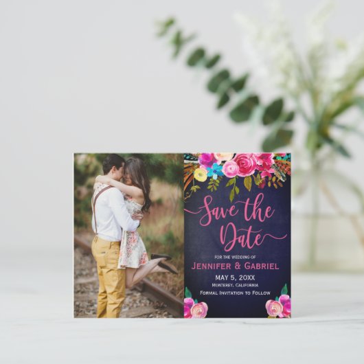 ピンクのフローラ手書き |青い写真の日付を保存 案内ポストカード (スタンド正面)