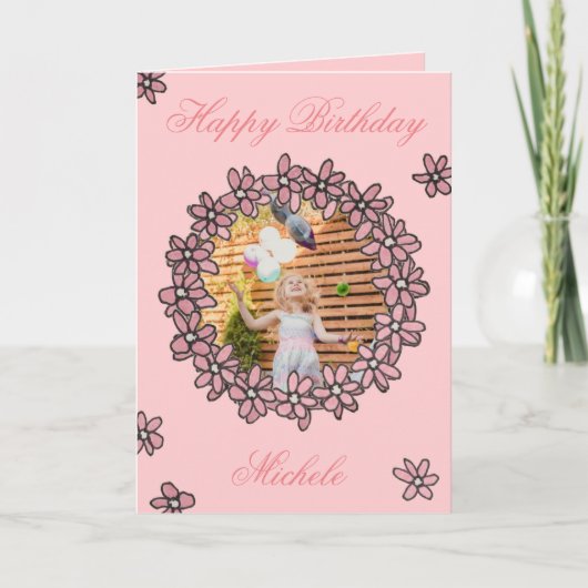 ピンクのフローラ数々のフォト誕生日 カード (正面)