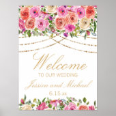 ピンクのフローラ文字列ライト白結婚の歓迎 ポスター (正面)