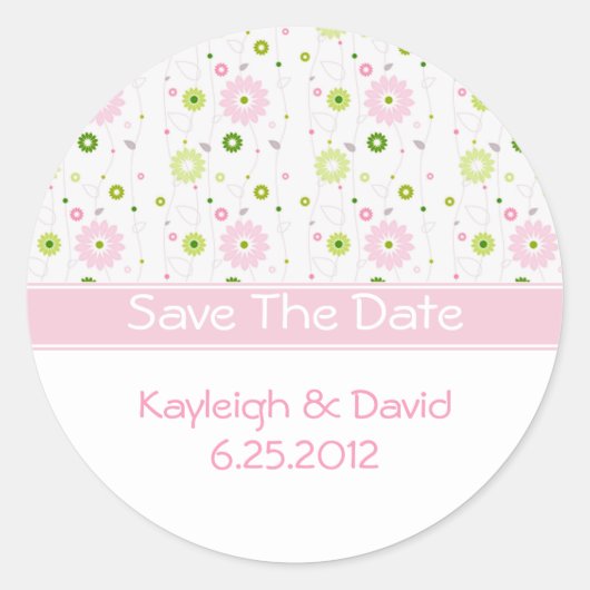 ピンクのフローラ日付ステッカーを保存 ラウンドシール (正面)
