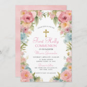 ピンクのフローラ最初の聖餐式 招待状 (正面/裏面)