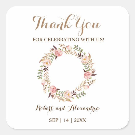 ピンクのフローラ来が結婚有る スクエアシール (正面)