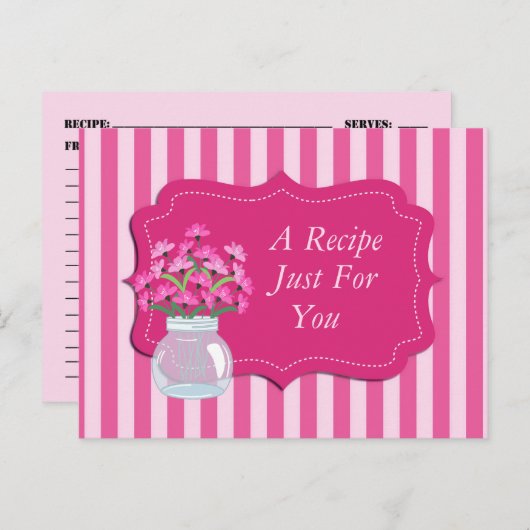 ピンクのフローラ枠とストライプレシピカードはがき ポストカード (正面/裏面)