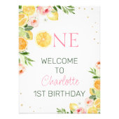 ピンクのフローラ柑橘類1歳の誕生日ウェルカムサイン フォトプリント            (正面)
