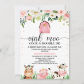 ピンクのフローラ格子状の農業動物ベビーシャワー 招待状 (正面)