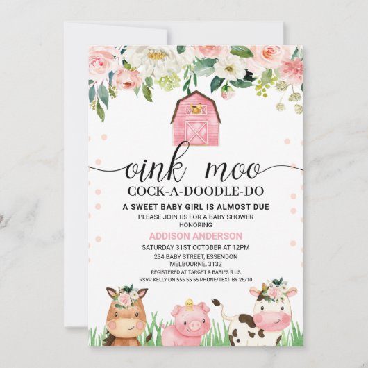 ピンクのフローラ格子状の農業動物ベビーシャワー 招待状 (正面)