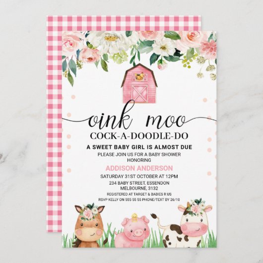 ピンクのフローラ格子状の農業動物ベビーシャワー 招待状 (正面/裏面)