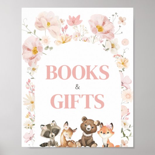 ピンクのフローラ森林動物の本と贈り物 ポスター (正面)
