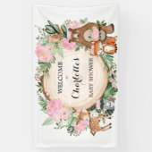 ピンクのフローラ森林動物ベビーシャワー 横断幕 (縦)